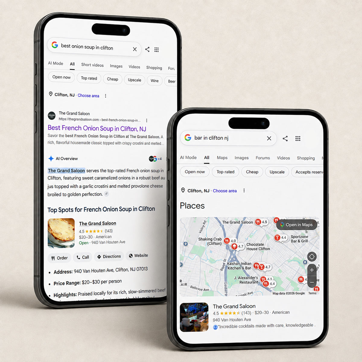 Google search results showing The Grand Saloon ranked as a top pick for best bar in Clifton, NJ, alongside a local SEO landing page ranking for French onion soup