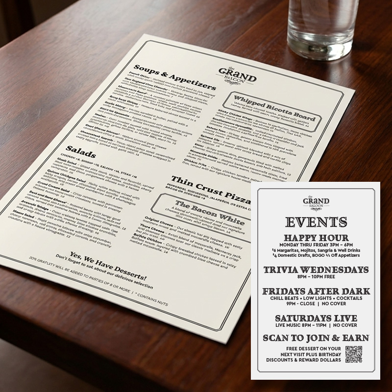 The Grand Saloon restaurant menu design