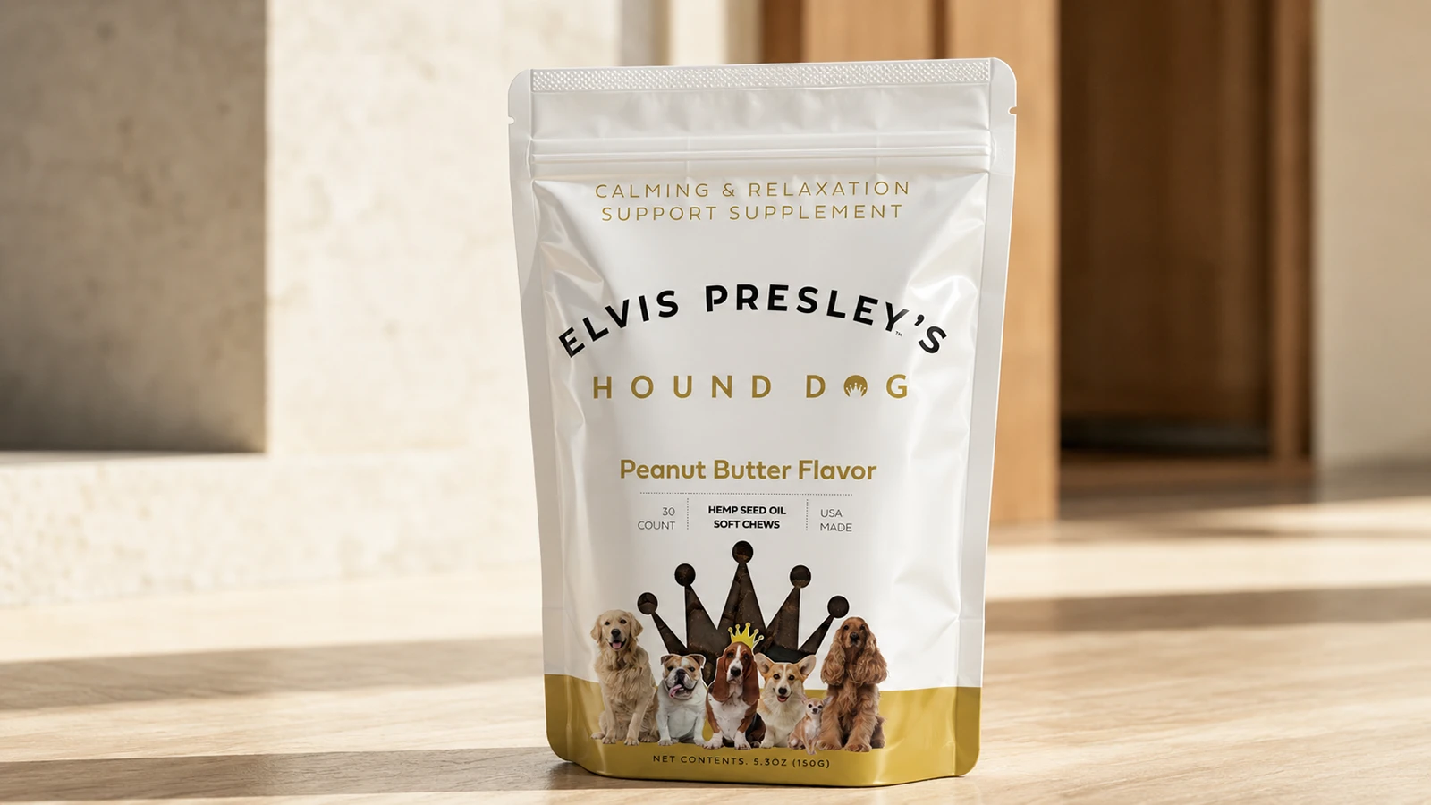Calming and relaxation support supplement packaging for a pet wellness brand