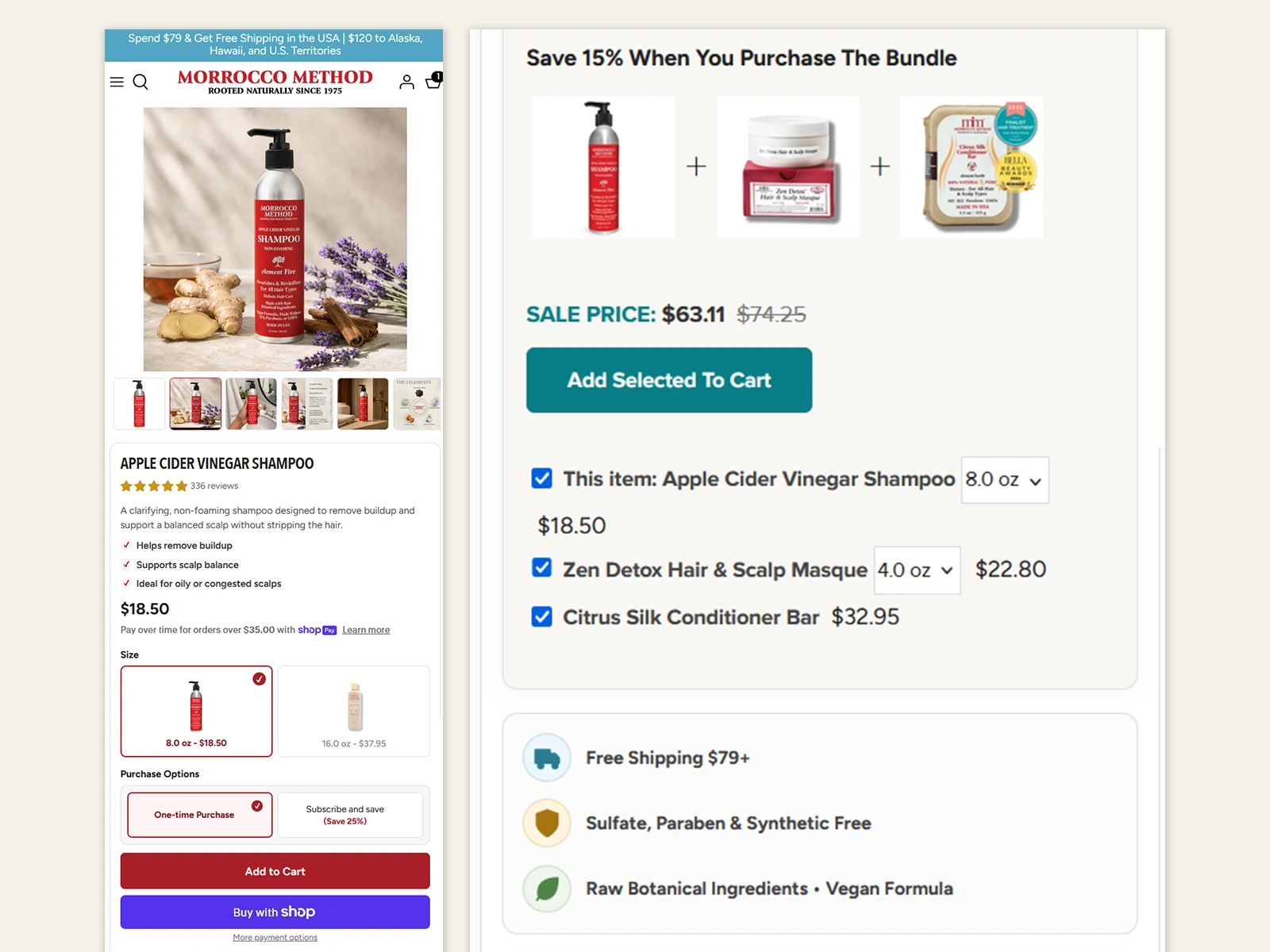 Mobile product experience with product education, purchase options, bundles and trust-building details